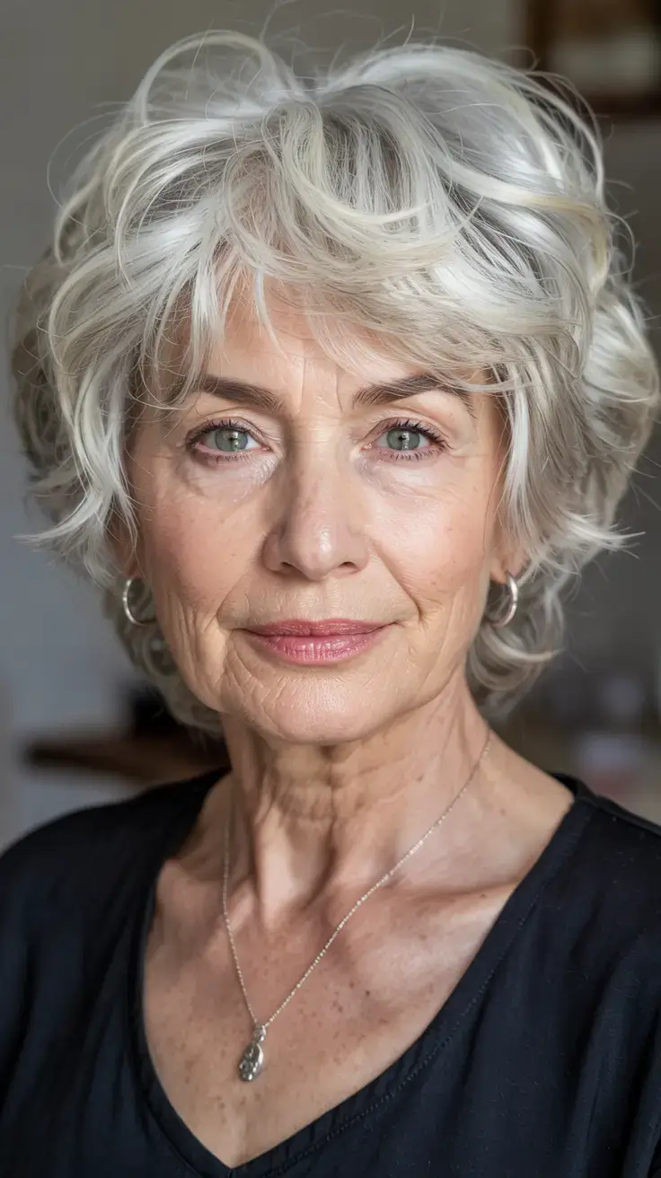 Haircuts for Women Over 50 ideas for 2026 Curly Platinum Crop with Soft Volume