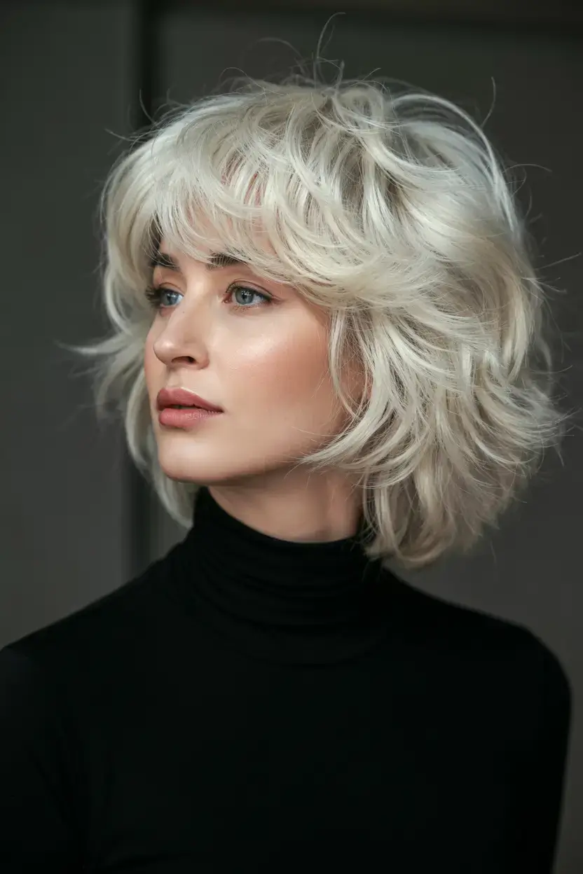 Haircuts for Women Over 50 ideas for 2026 Modern Feathered Shag with Platinum Waves
