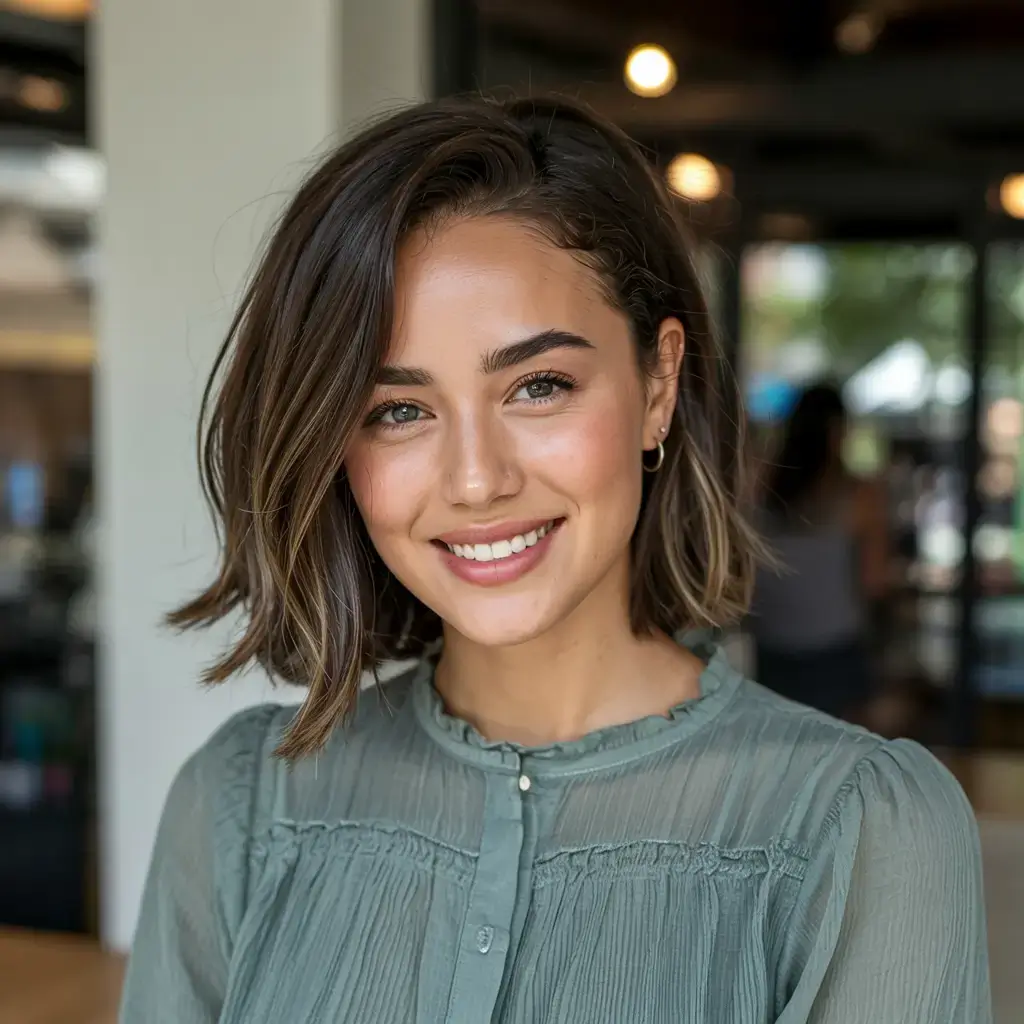 Haircuts for Women Over 50 ideas for 2026 Side-Parted Blunt Bob with Dimensional Brunette