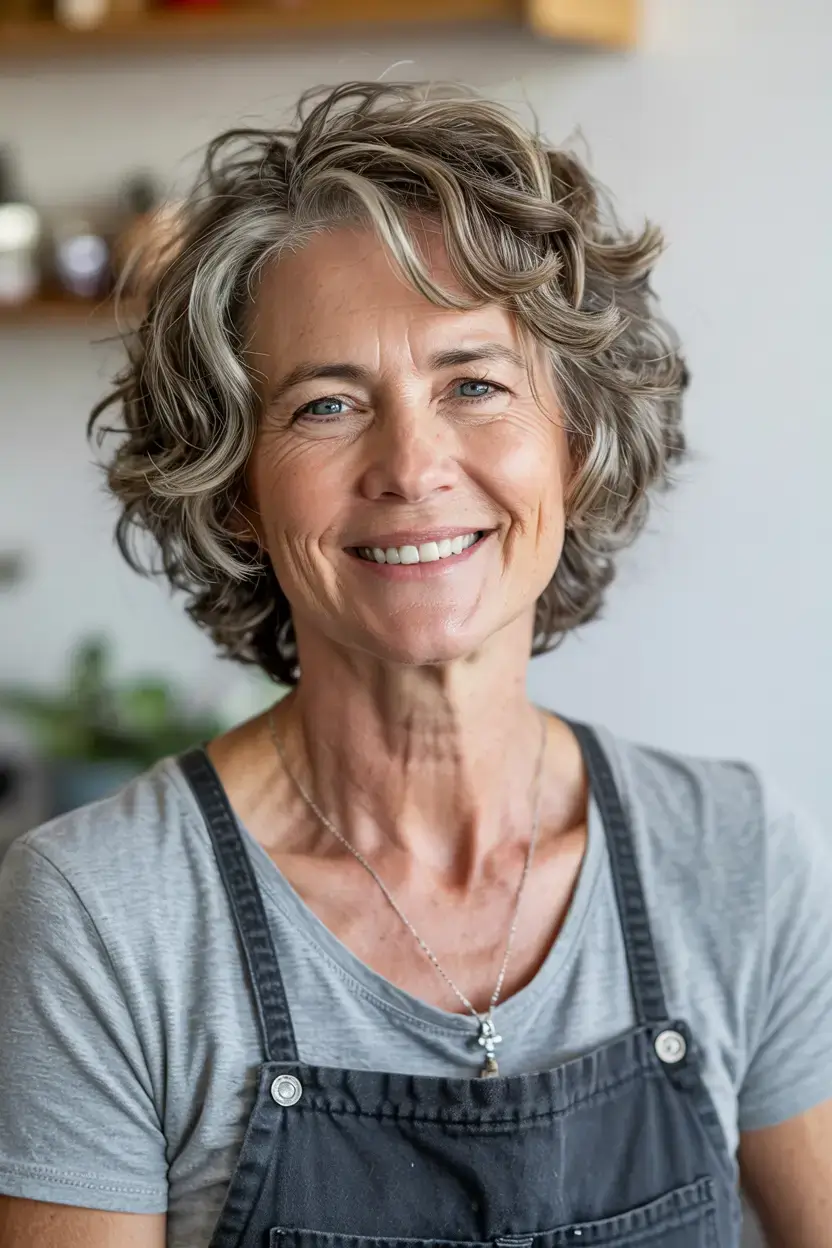 Haircuts for Women Over 50 ideas for 2026 Short Curly Crop with Salt-and-Pepper Finish
