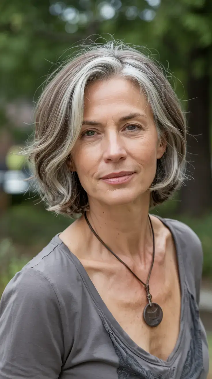 Haircuts for Women Over 50 ideas for 2026 Elegant Silver Bob with Face-Framing Streak