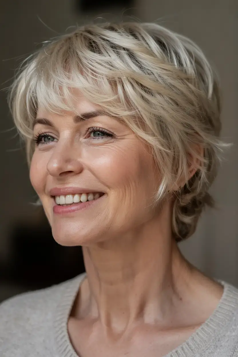 Haircuts for Women Over 50 ideas for 2026 Modern Pixie with Dimensional Blonde