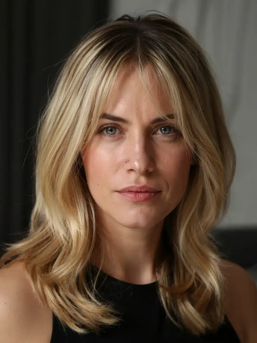 Haircuts for Women Over 50 ideas for 2026 Blonde Mid-Length with Breezy Curtain Bangs