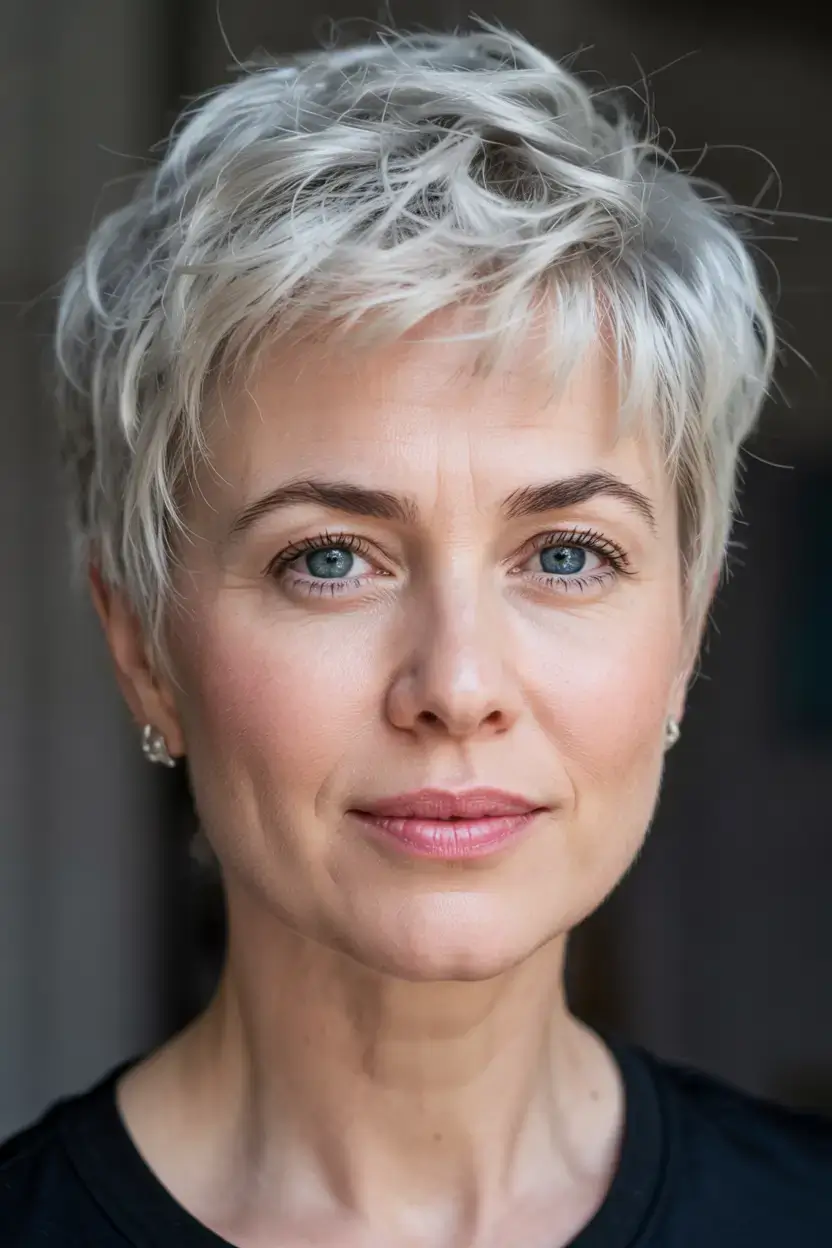 Haircuts for Women Over 50 ideas for 2026 Silver Pixie with Tousled Texture
