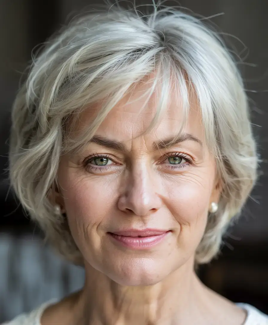 Haircuts for Women Over 60 ideas for 2026 Feathered Silver Shag with Light Framing