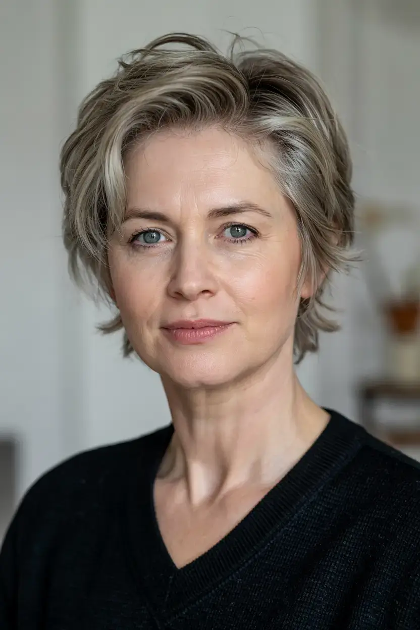 Haircuts for Women Over 60 ideas for 2026 Modern Layered Pixie with Soft Side Lift