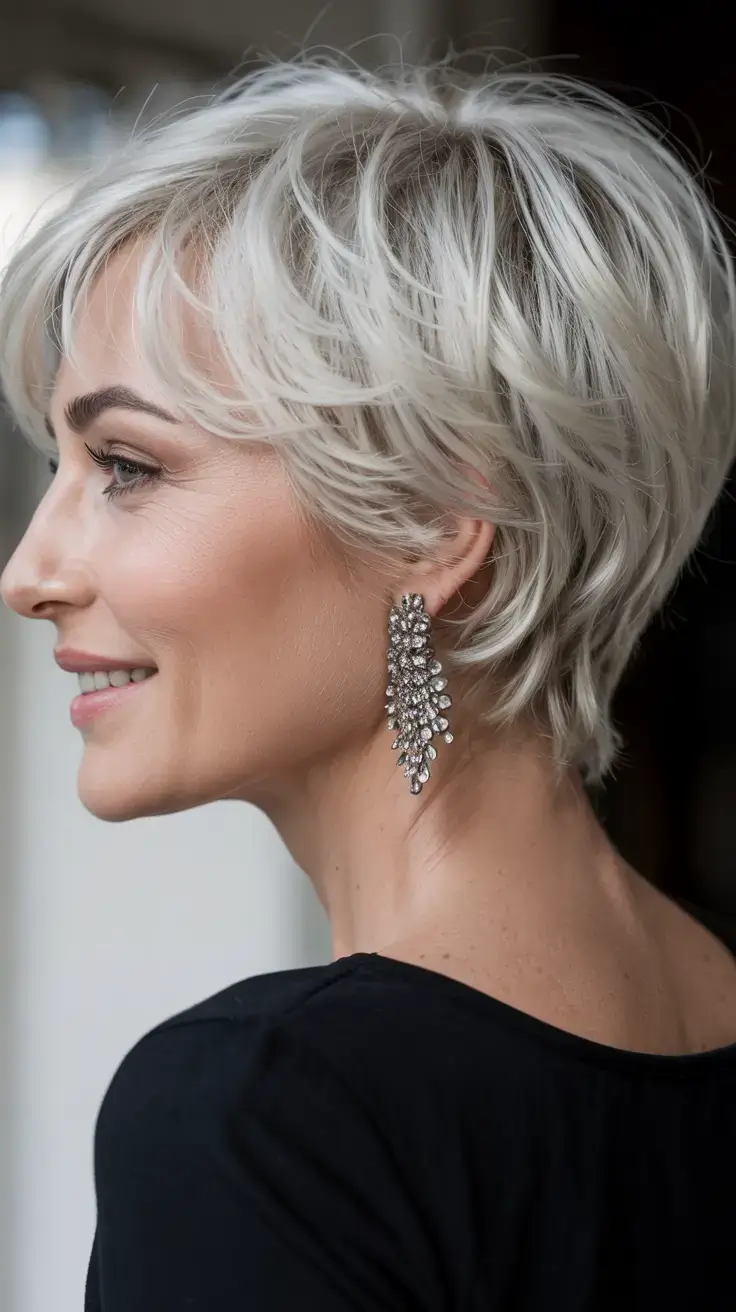 Haircuts for Women Over 60 ideas for 2026 Elegant Silver Pixie with Piecey Layers