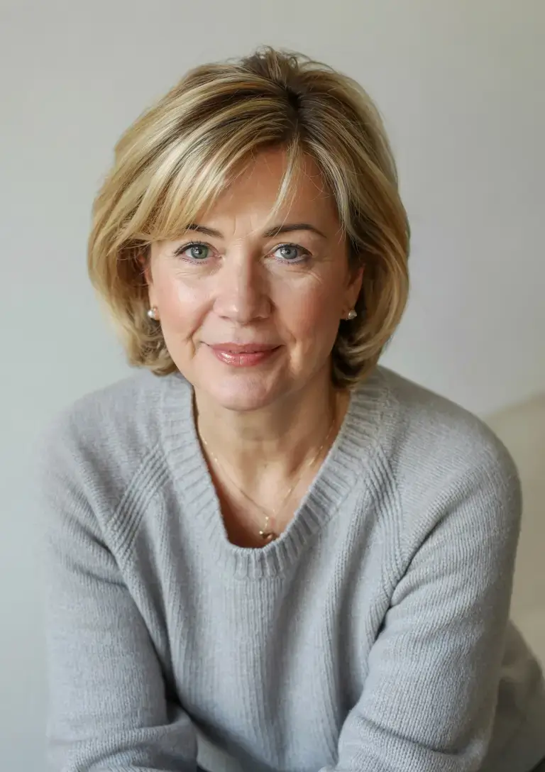 Haircuts for Women Over 60 ideas for 2026 Layered Creamy Bob with Fringe Highlights