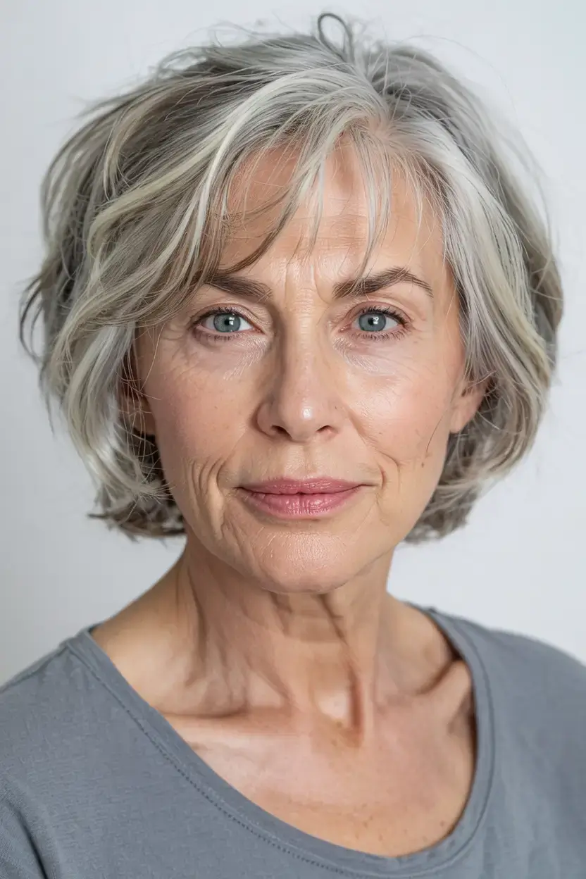 Haircuts for Women Over 60 ideas for 2026 Feathered Cool Gray Crop with Side Bangs