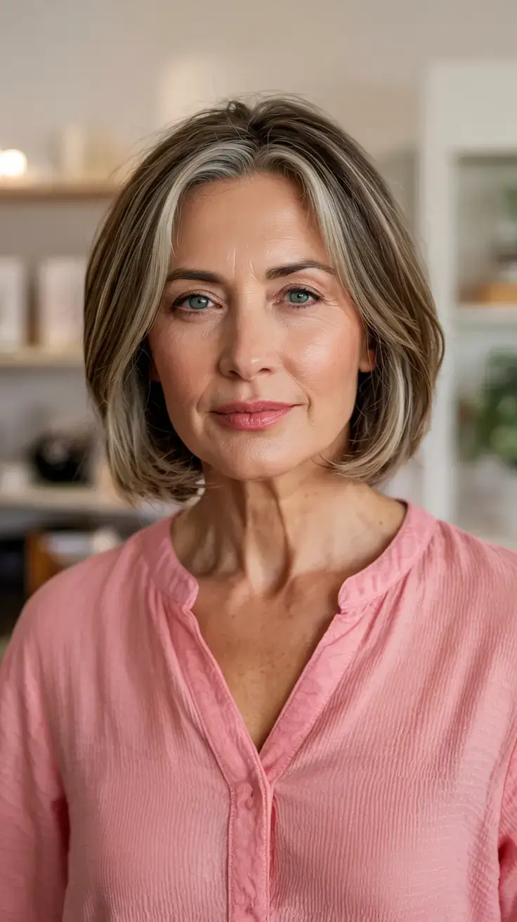 Haircuts for Women Over 60 ideas for 2026 Cool Toned Mushroom Bob with a Center Part