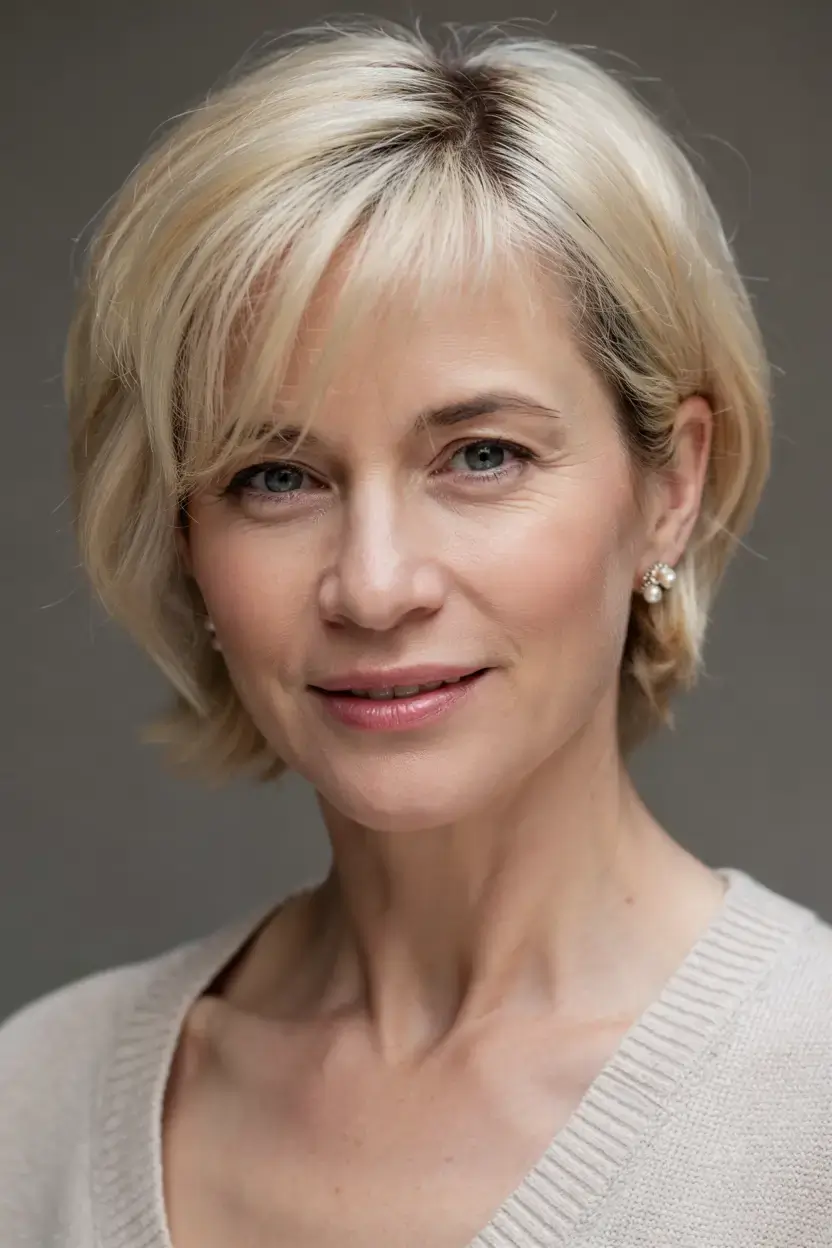 Haircuts for Women Over 60 ideas for 2026 Classic Champagne Crop with Wispy Bangs