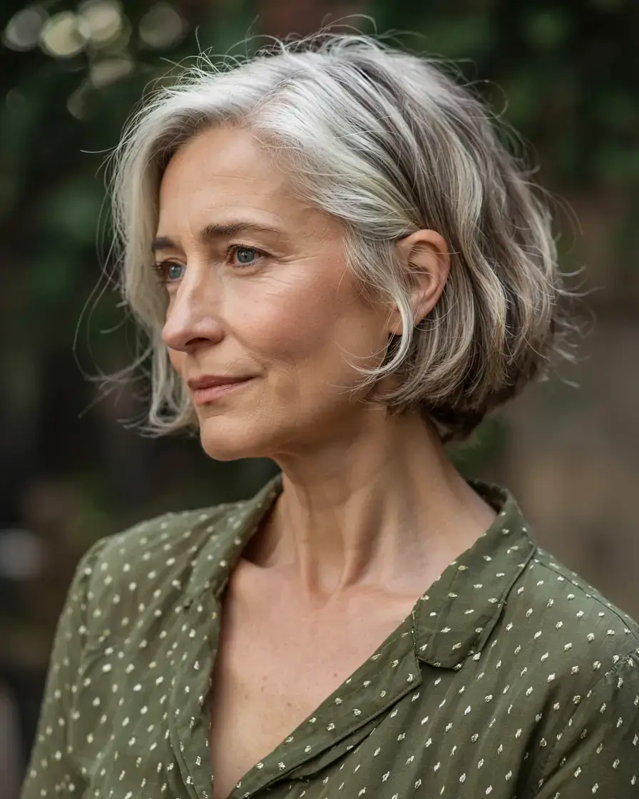 Haircuts for Women Over 60 ideas for 2026 Salt-and-Pepper Textured Crop with a Soft Wave