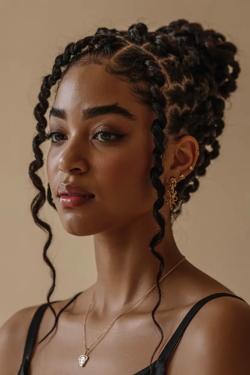 hairstyle for black women 2026 Regal Braided Bun With Romantic Spirals