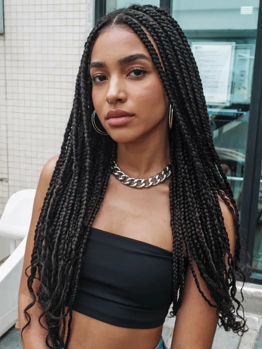 hairstyle for black women 2026 Boho Box Braids With Curled Ends