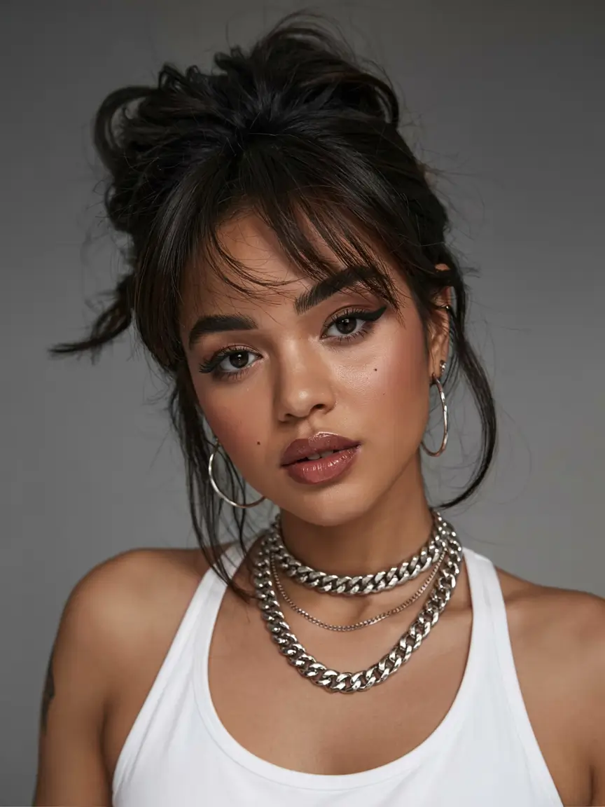 hairstyle for black women 2026 Textured Bang Bun With It-Girl Energy