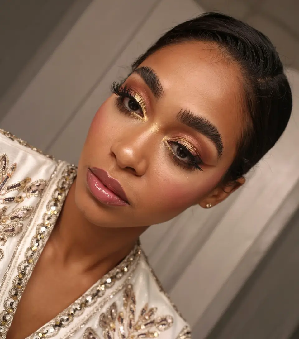 hairstyle for black women 2026 Low Sculpted Bun With Metallic Makeup Glam