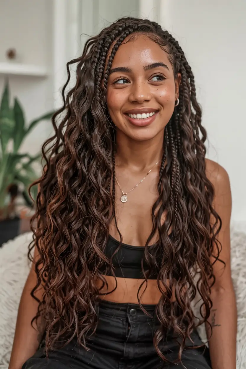 hairstyle for black women 2026 Boho Braids + Waves Hybrid