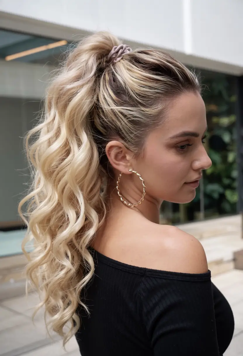 hairstyle for long hair 2026 Beachy Blonde Curls in a Fluffed Ponytail