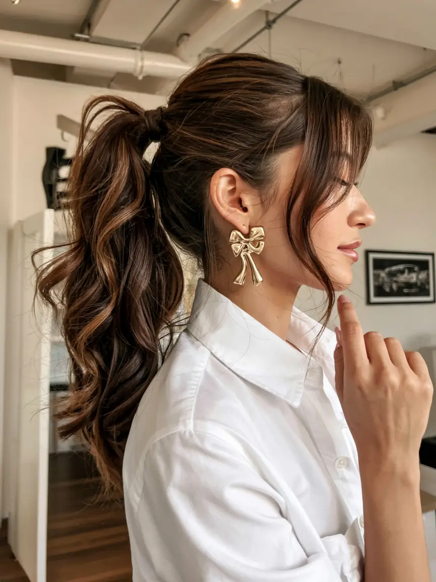 hairstyle for long hair 2026 Wavy Ponytail With Front Layers and Bounce