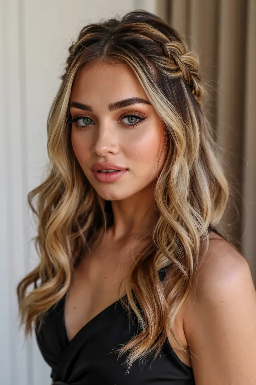 hairstyle for long hair 2026 Crown Braids With Soft Blonde Balayage