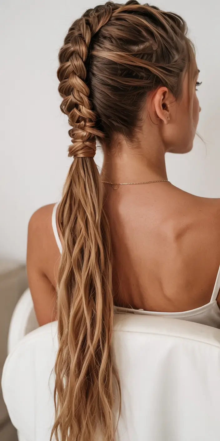 hairstyle for long hair 2026 Structured Dutch Braid Into Loose Pony