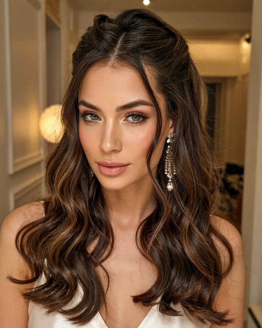 hairstyle for long hair 2026 Glossy Half-Up Curls With Glam Twist