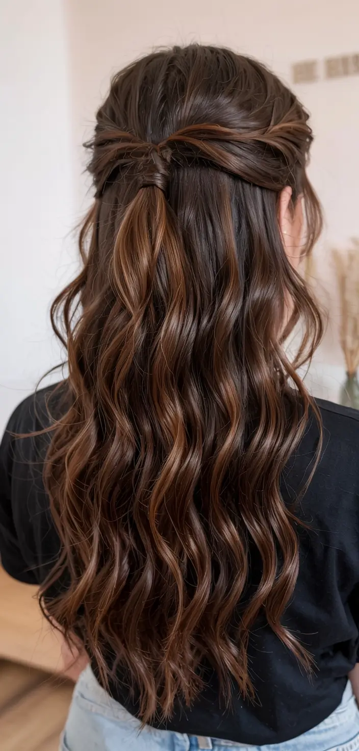 hairstyle for long hair 2026 Minimal Twist Half-Up With Espresso Waves