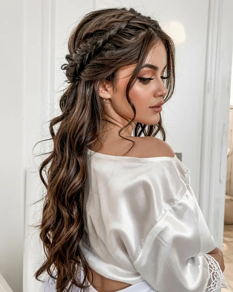 hairstyle for long hair 2026 Romantic Crown Braids With Volume and Waves