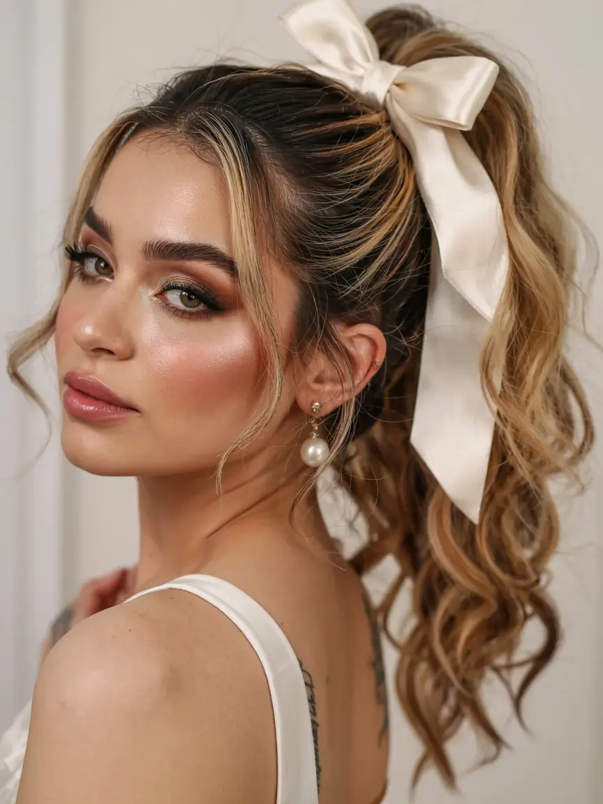 hairstyle for medium length hair 2026+Romantic Pony with Ribbon Drama