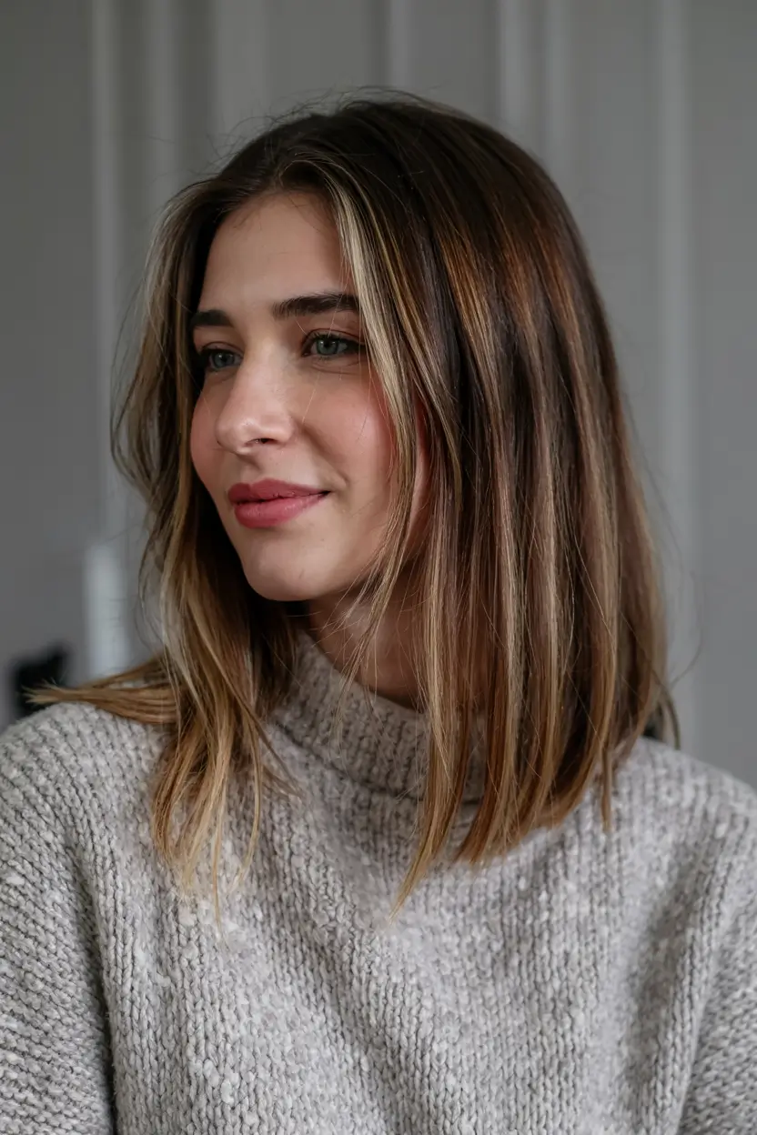 hairstyle for medium length hair 2026+Sleek Balayage Lob with Face Framing
