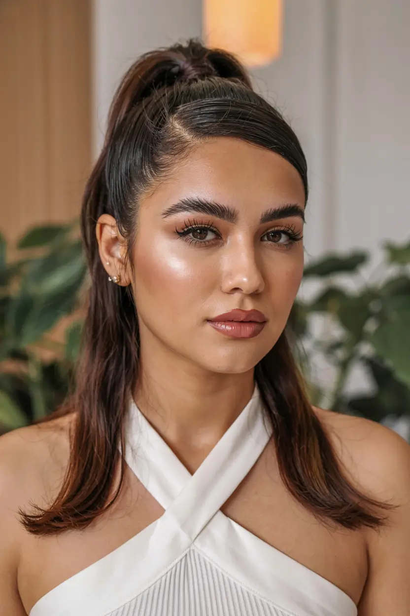 hairstyle for medium length hair 2026+High Half Pony with Side Swoop