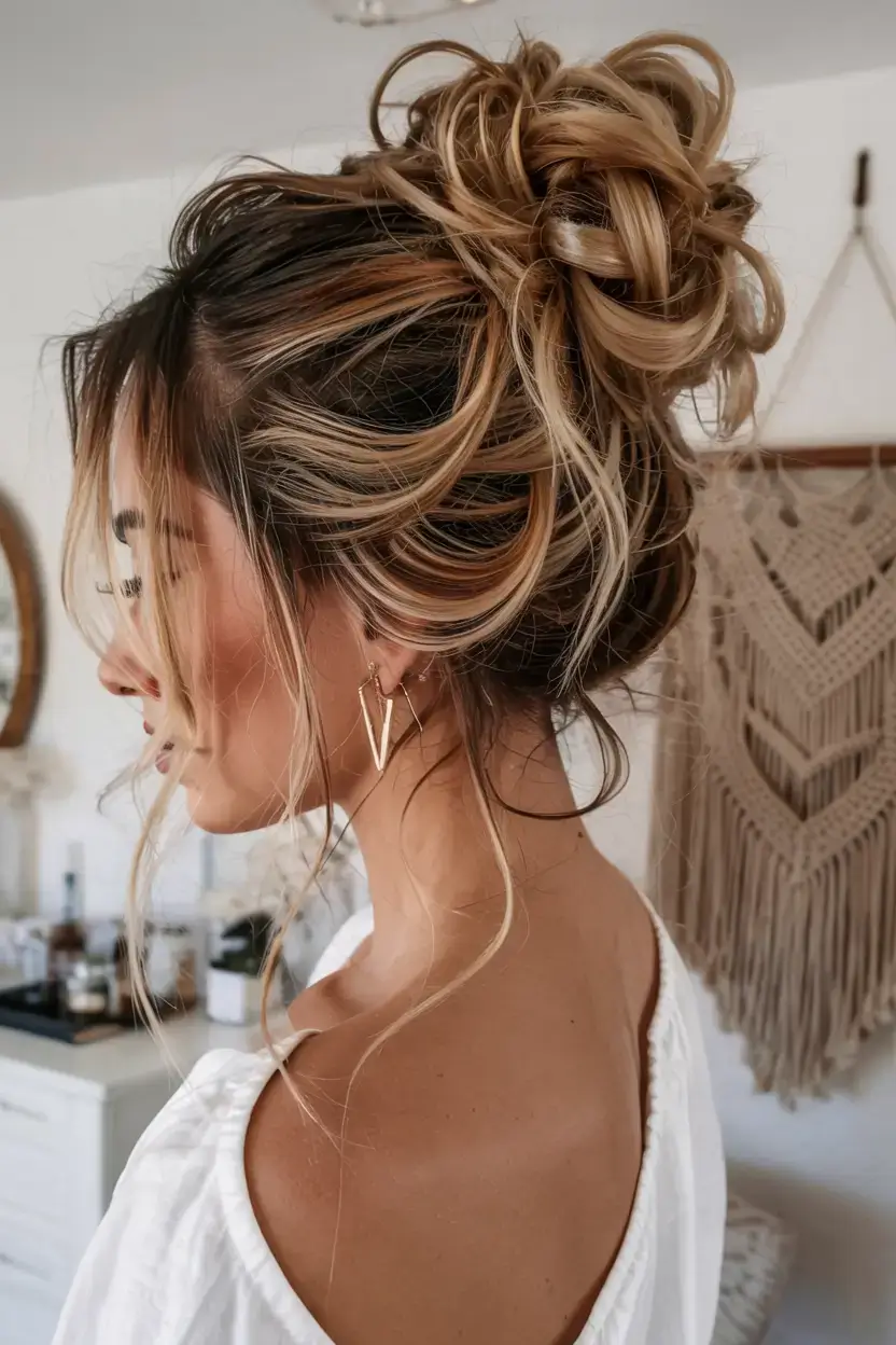 hairstyles ideas 2026+Boho Power Bun with Face-Framing Pieces