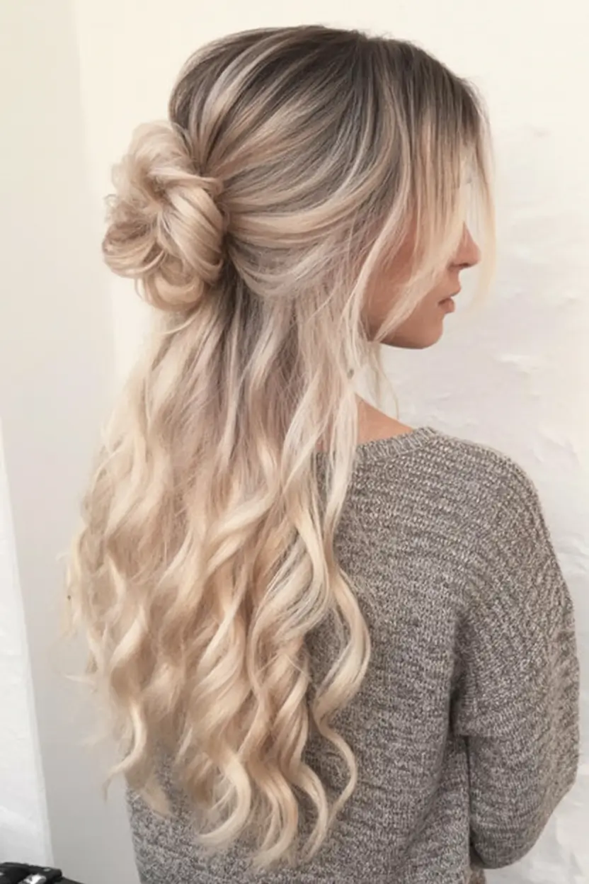 half up half down hairstyles ideas 2026 Butter Blonde Romantic Half Bun
