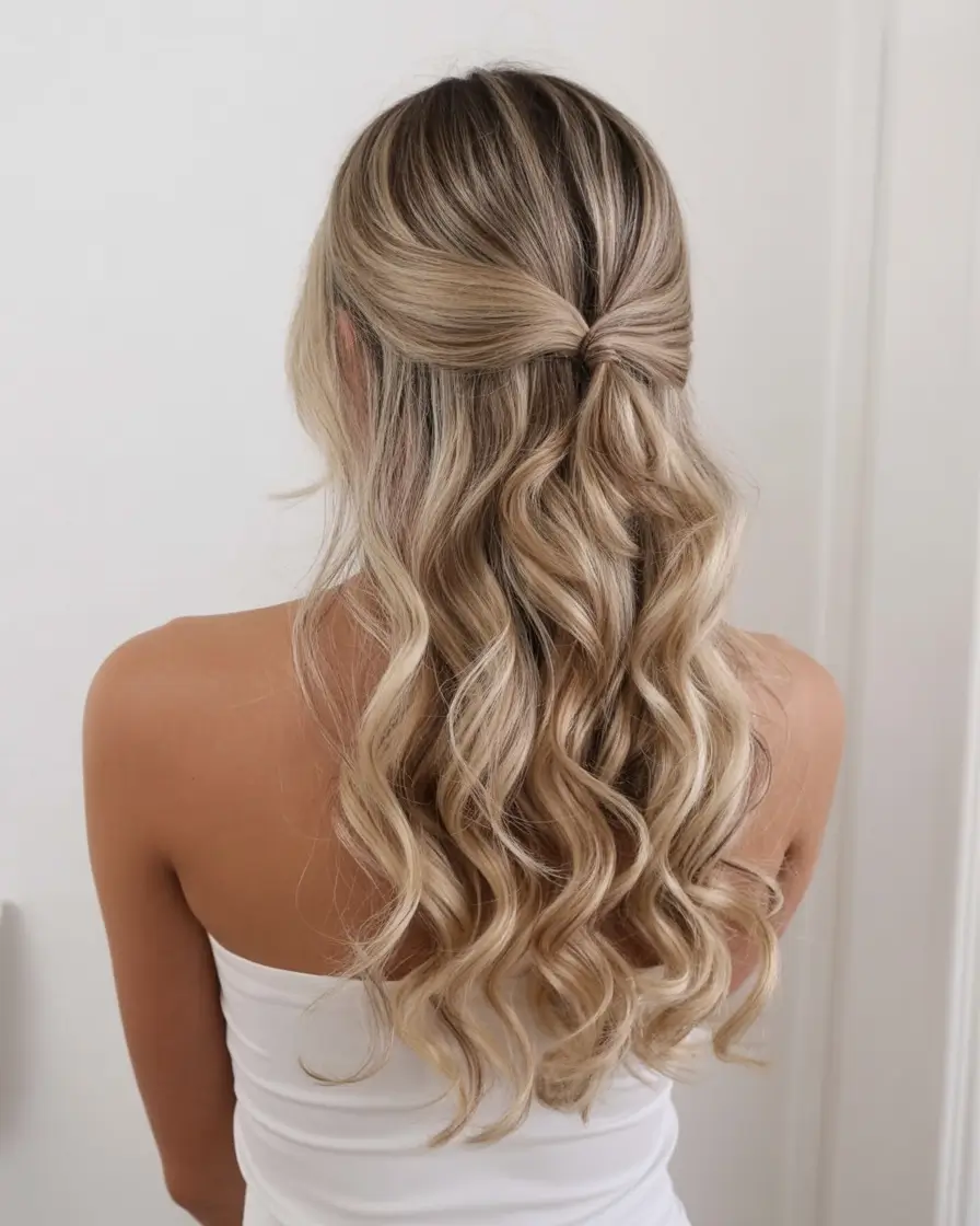 half up half down hairstyles ideas 2026 Knotted Elegance on Honey Blonde Waves