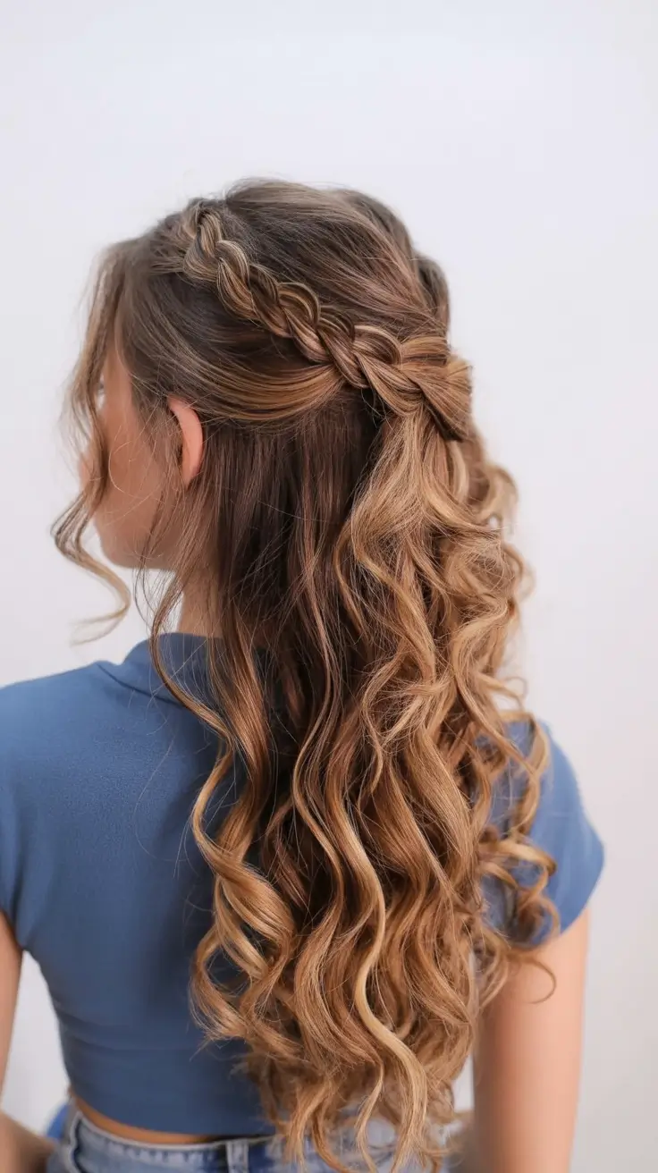 half up half down hairstyles ideas 2026 Sunset Highlights with Loose Waterfall Braid