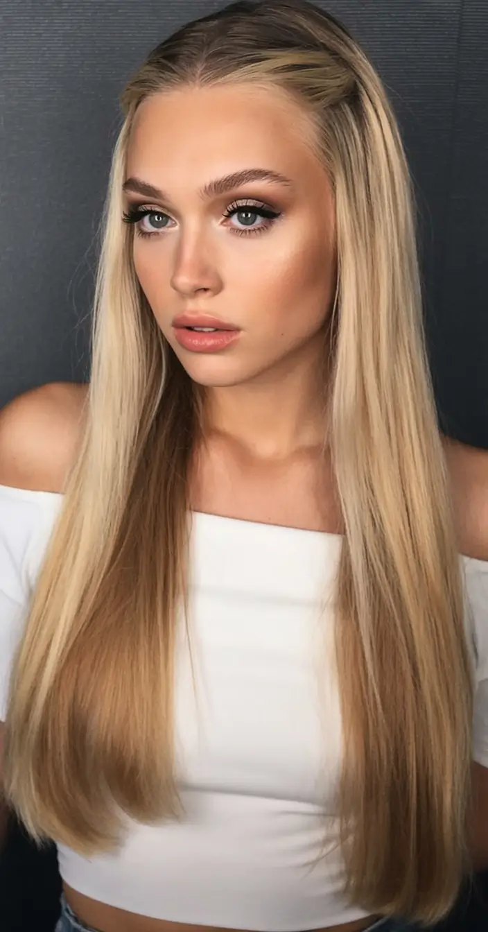 half up half down hairstyles ideas 2026 Sleek and Straight with Center Pullback