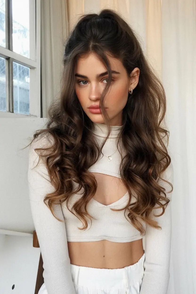 half up half down hairstyles ideas 2026 Soft Lifted Crown with Big Natural Curls