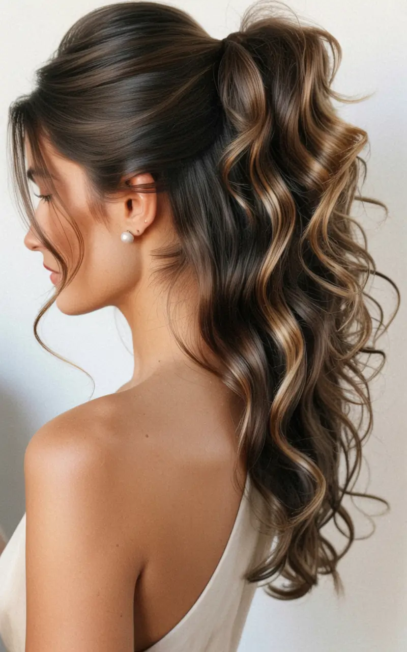 half up half down hairstyles ideas 2026 Cascading Curls with Volume and Shine