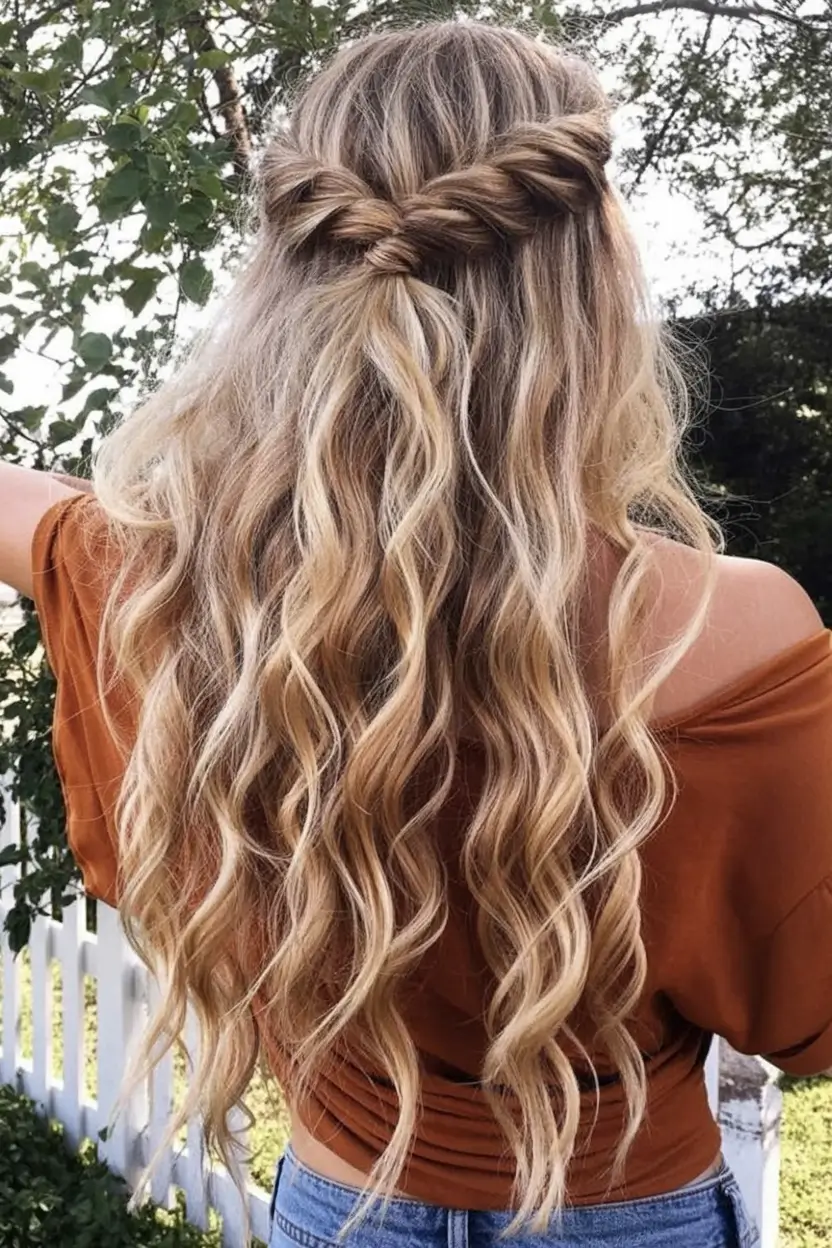 half up half down hairstyles ideas 2026 Twisted Crown with Beachy Boho Texture