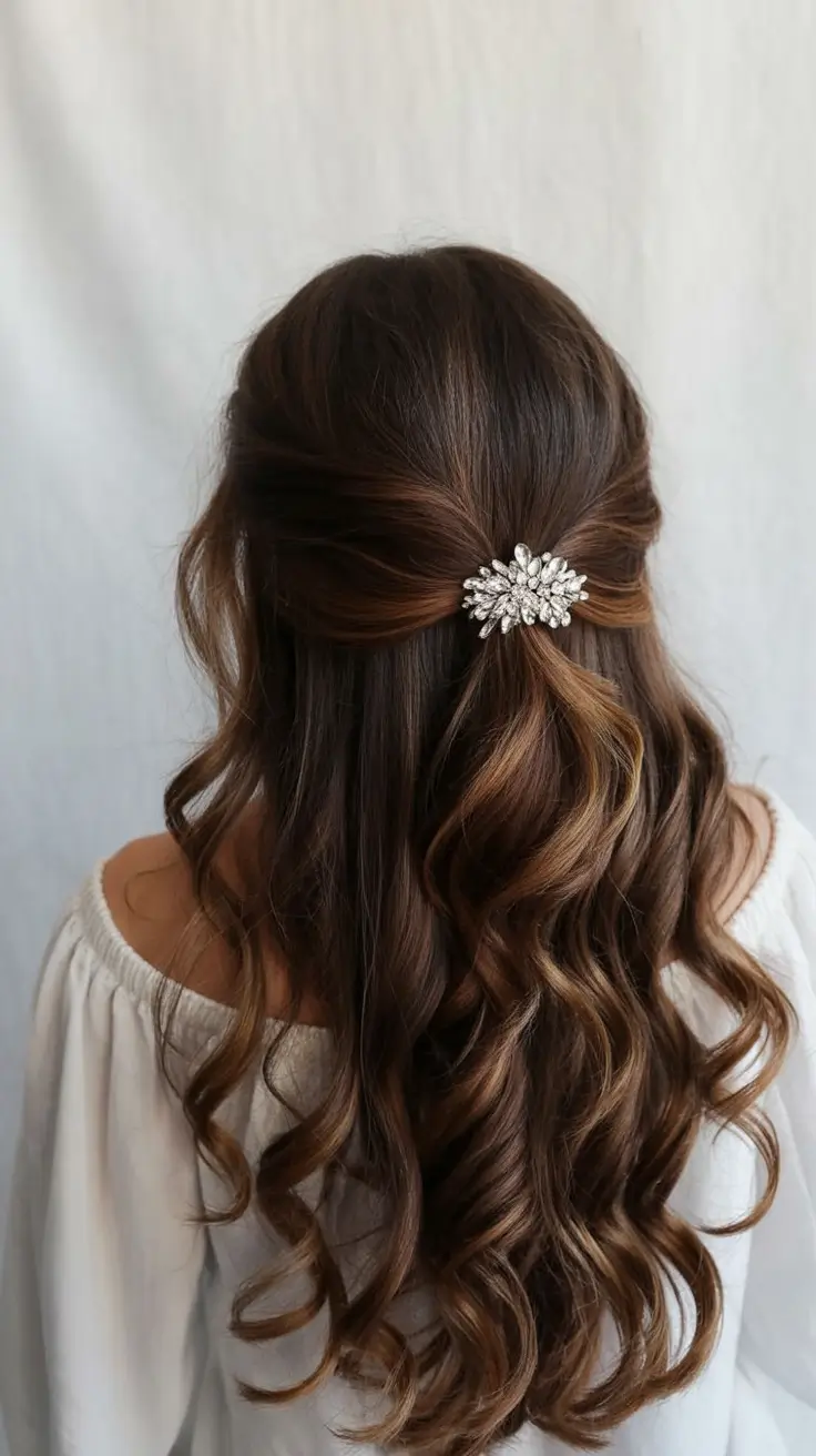 half up half down hairstyles ideas 2026 Glossy Waves with Vintage-Inspired Clip