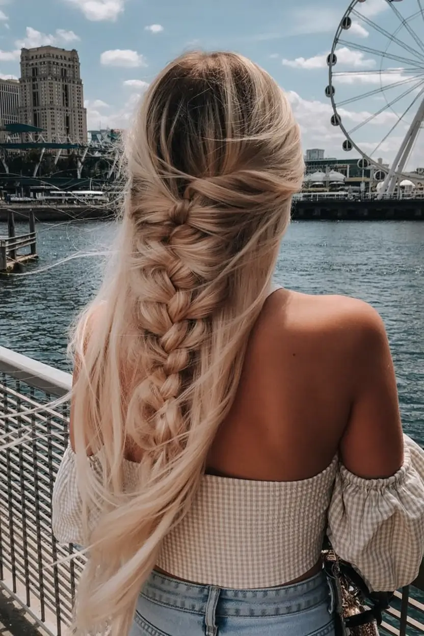 half up half down hairstyles ideas 2026 Waterfall Braid with Wind-Swept Ends