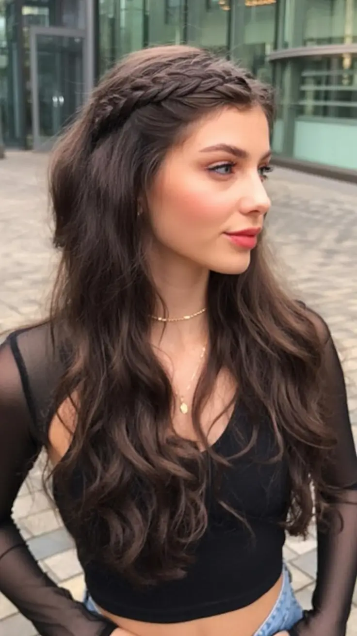 half up half down hairstyles ideas 2026 Side Braid Crown with Natural Flow