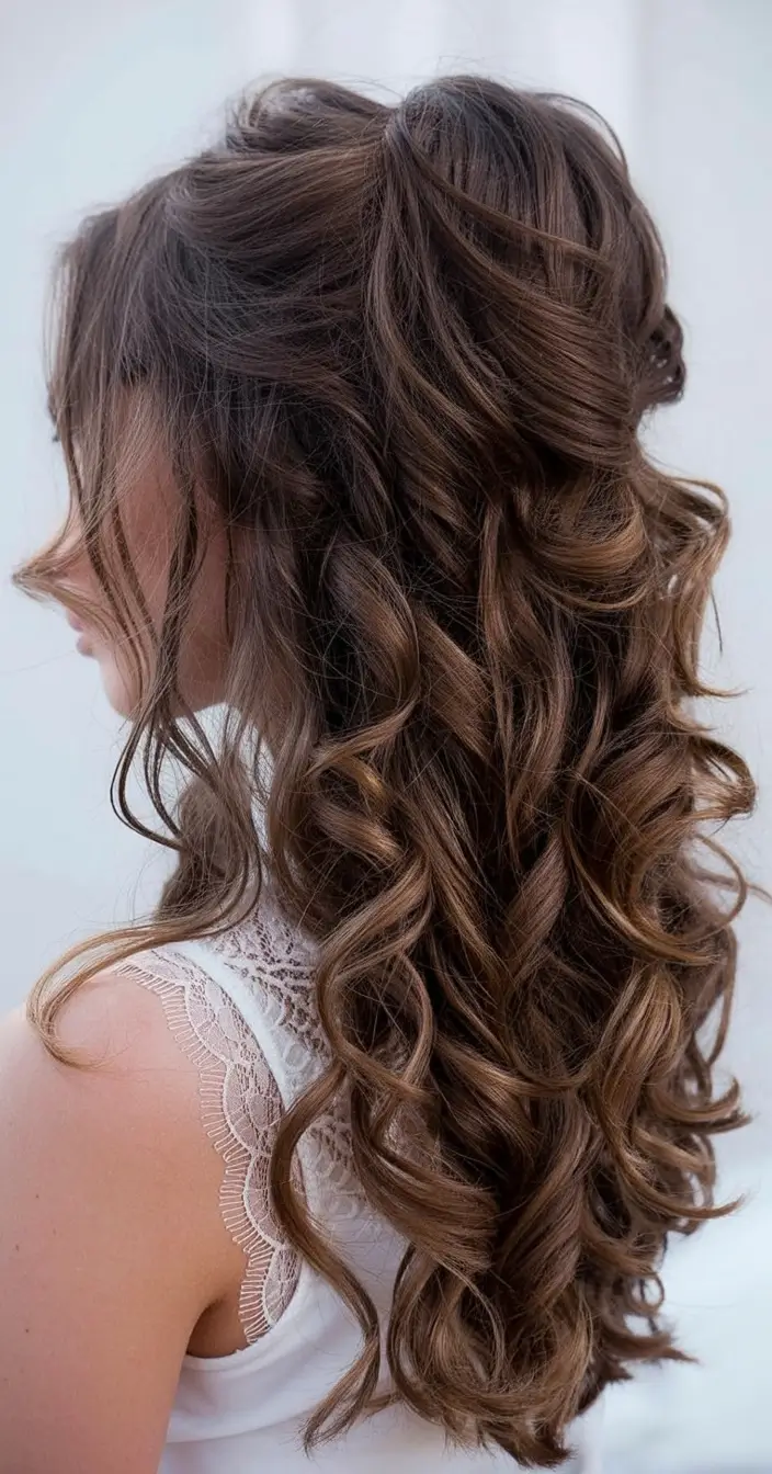 half up half down hairstyles ideas 2026 Rich Chocolate Curls with Crown Height