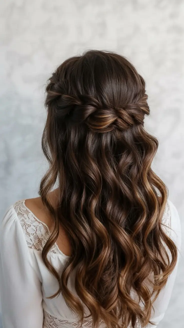half up half down hairstyles ideas 2026 Twist-Knot Halo with Cinnamon Balayage