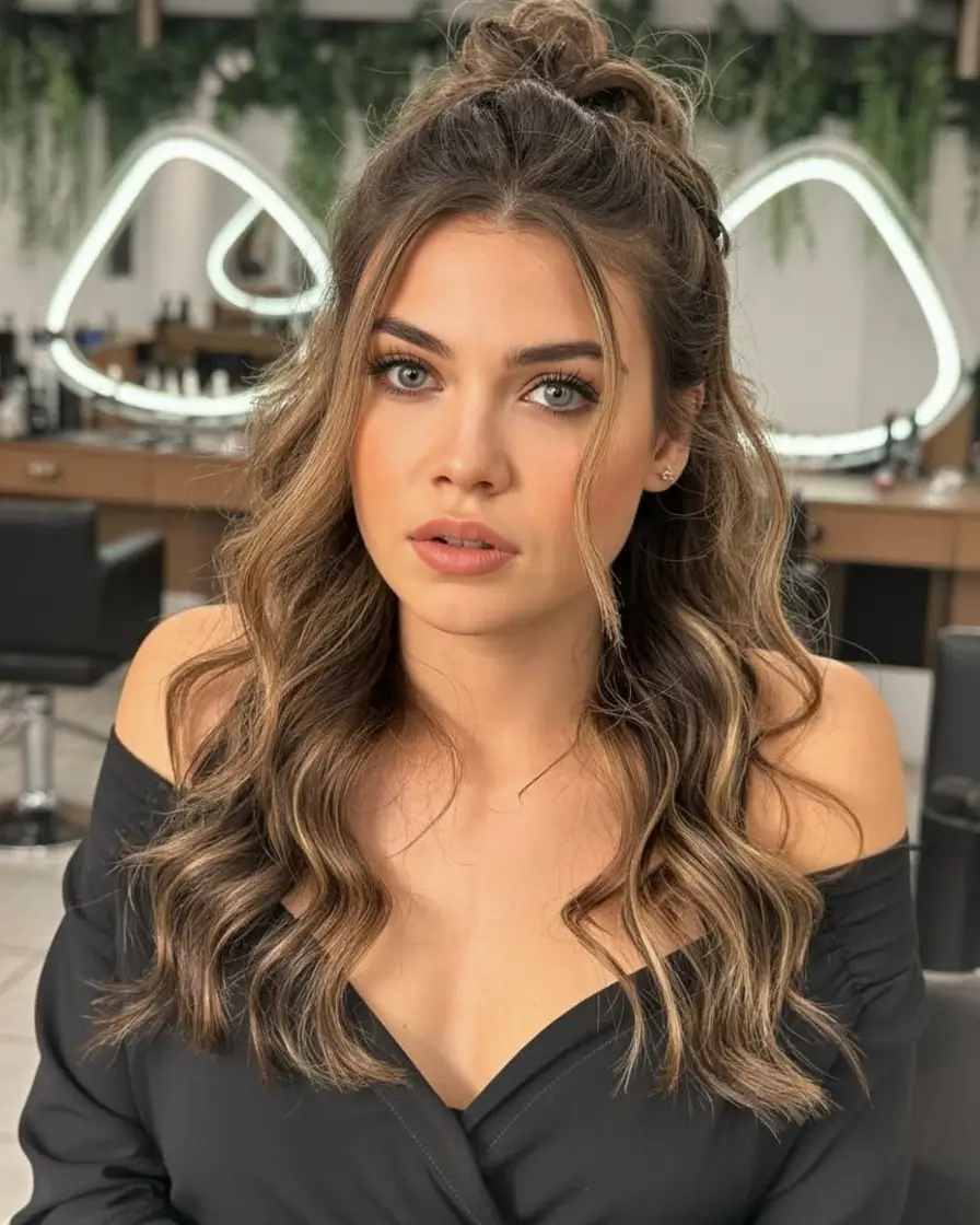 half up half down hairstyles ideas 2026 Messy Bun Meets Mermaid Curls