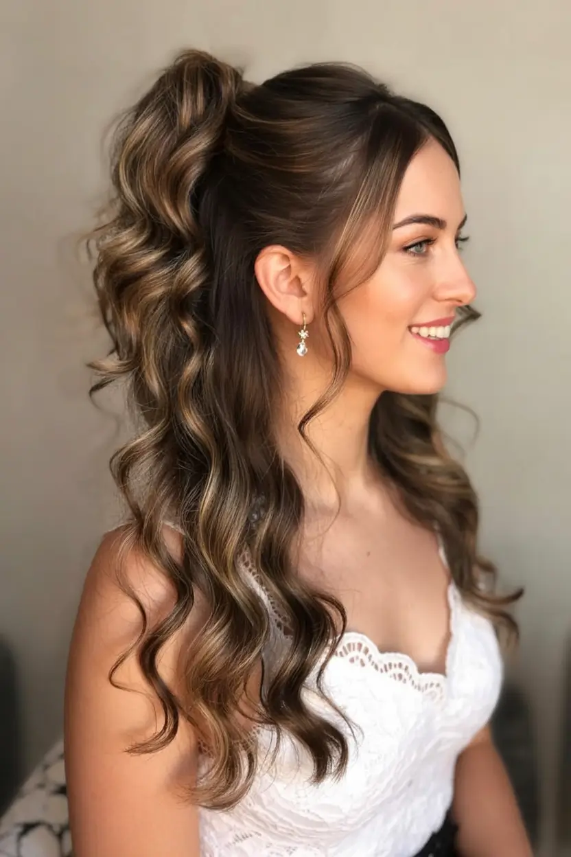 half up half down hairstyles ideas 2026 Full Glam with Face-Framing Flow