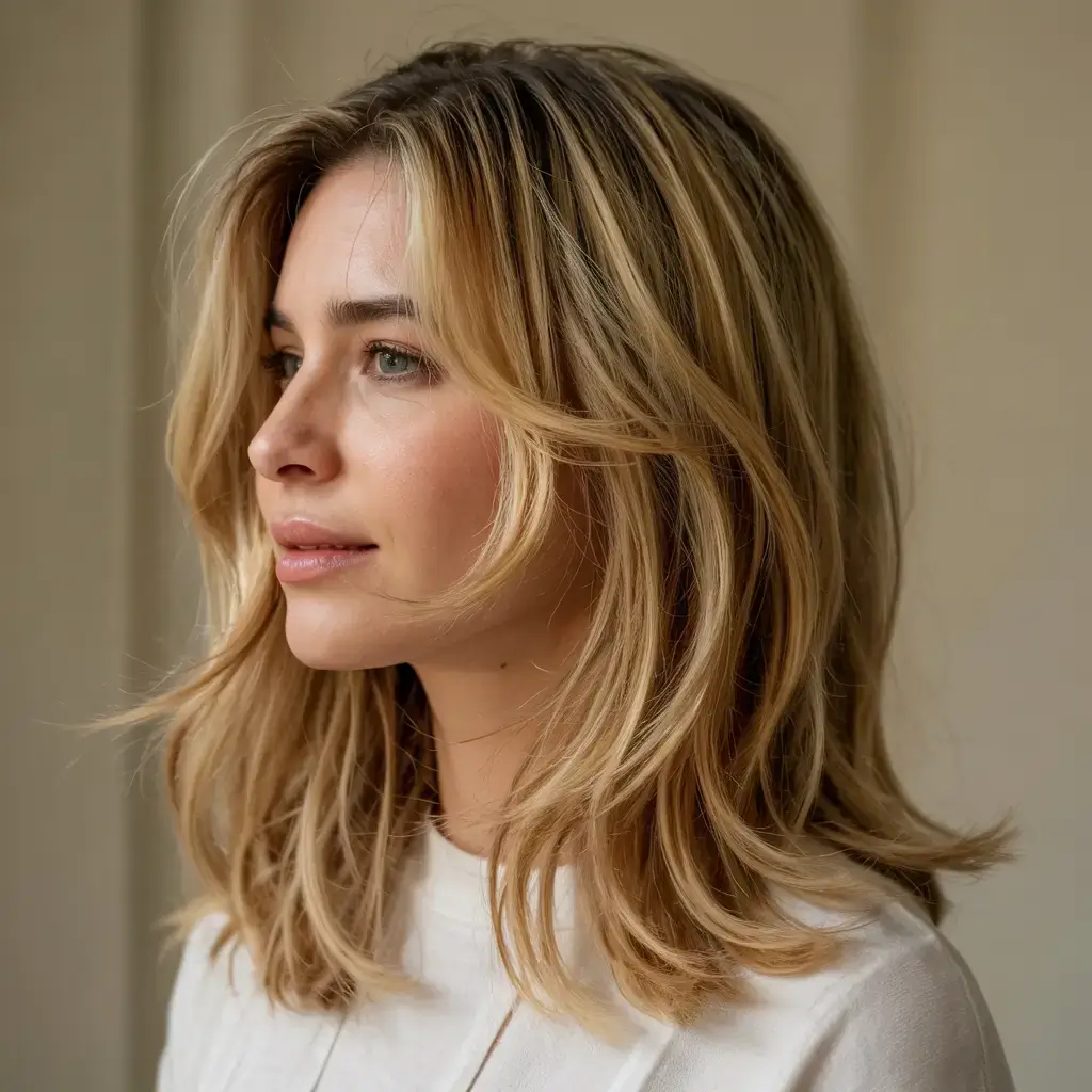 mid length haircut ideas 2026 Sunlit Blonde Blowout Layers