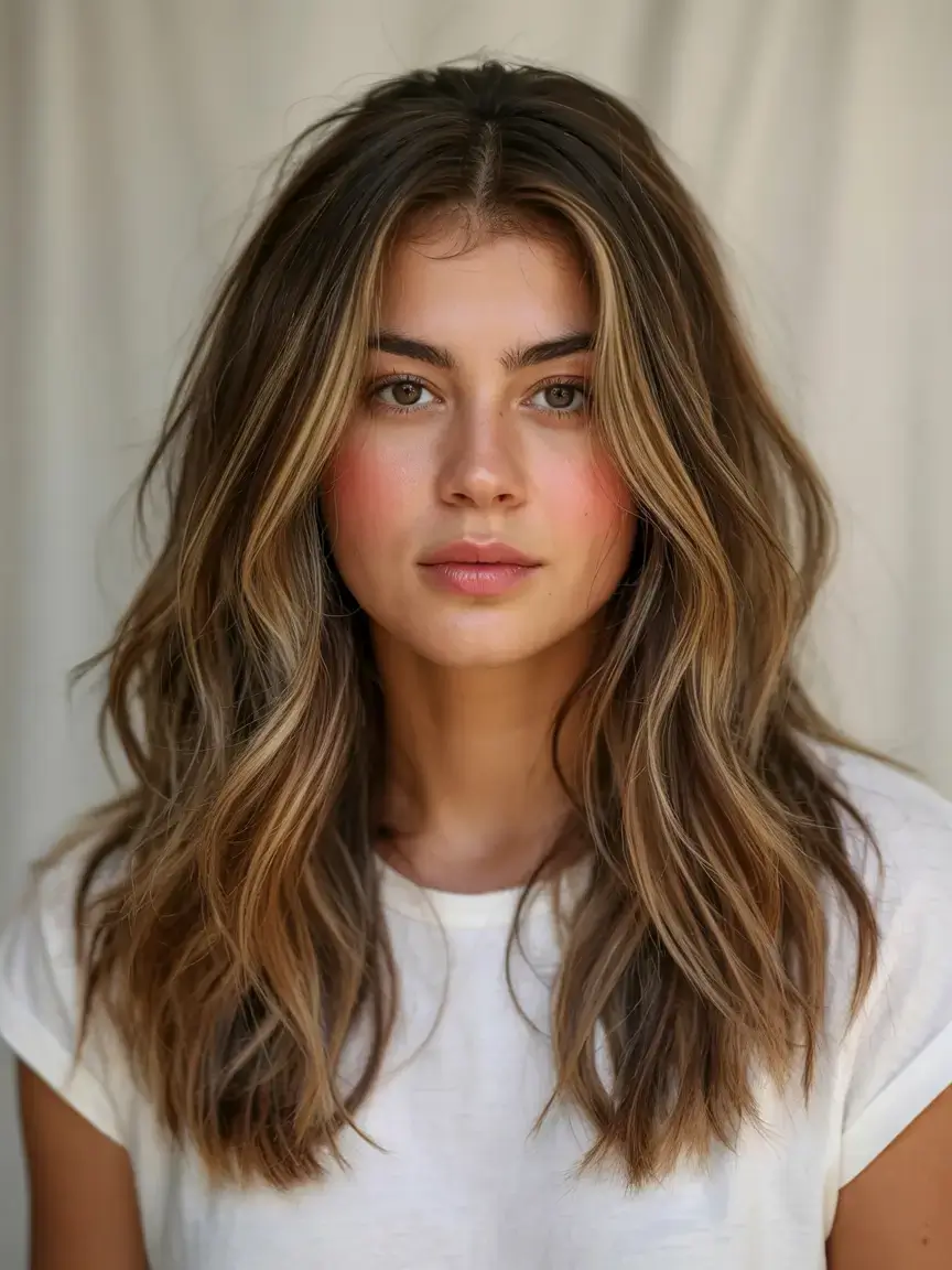 mid length haircut ideas 2026 Lived-In Caramel Layers with Natural Bounce