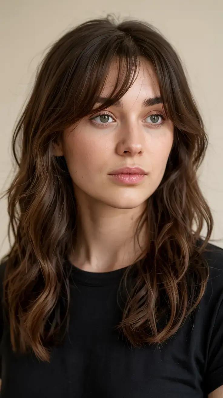 mid length haircut ideas 2026 Piecey Curtain Bangs and Loose Layers