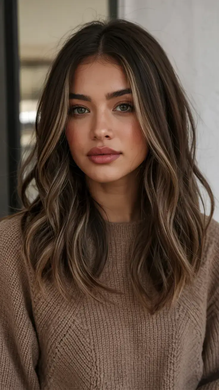 mid length haircut ideas 2026 Glossy Face-Framing Layers with Espresso Ribbons